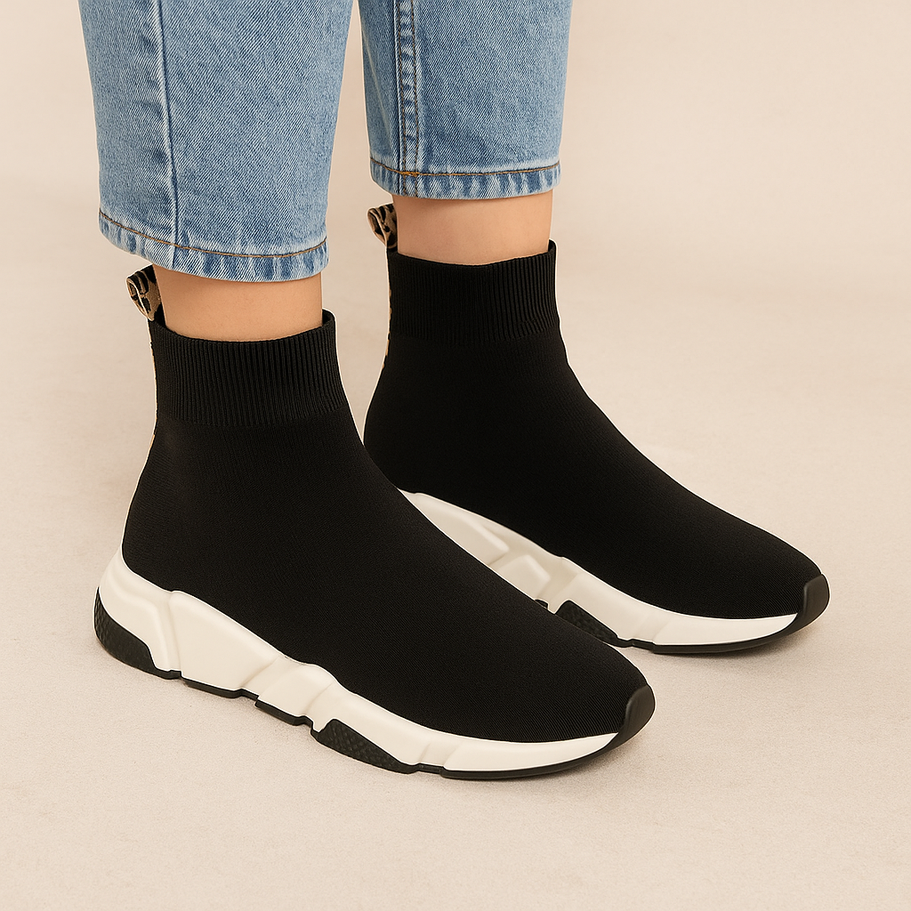 Ankle Boots Ladies Sock Trainer Boots Betty Black/Leopard Ribbon