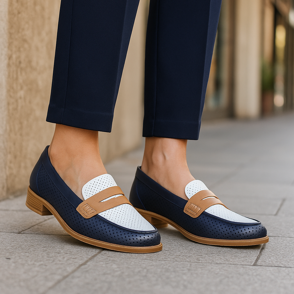 BRESLEY AFRICA NAVY WHITE TAN - Women Loafers - Collective Shoes 