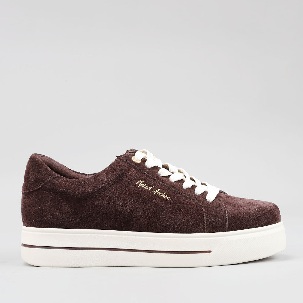 Naked Arches Azealia chocolate sneakers with suede details, featuring a sleek design and lace-up closure.