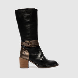 FLY LONDON BEIF BLACK / DK GOLD - Women High Boots - Collective Shoes 