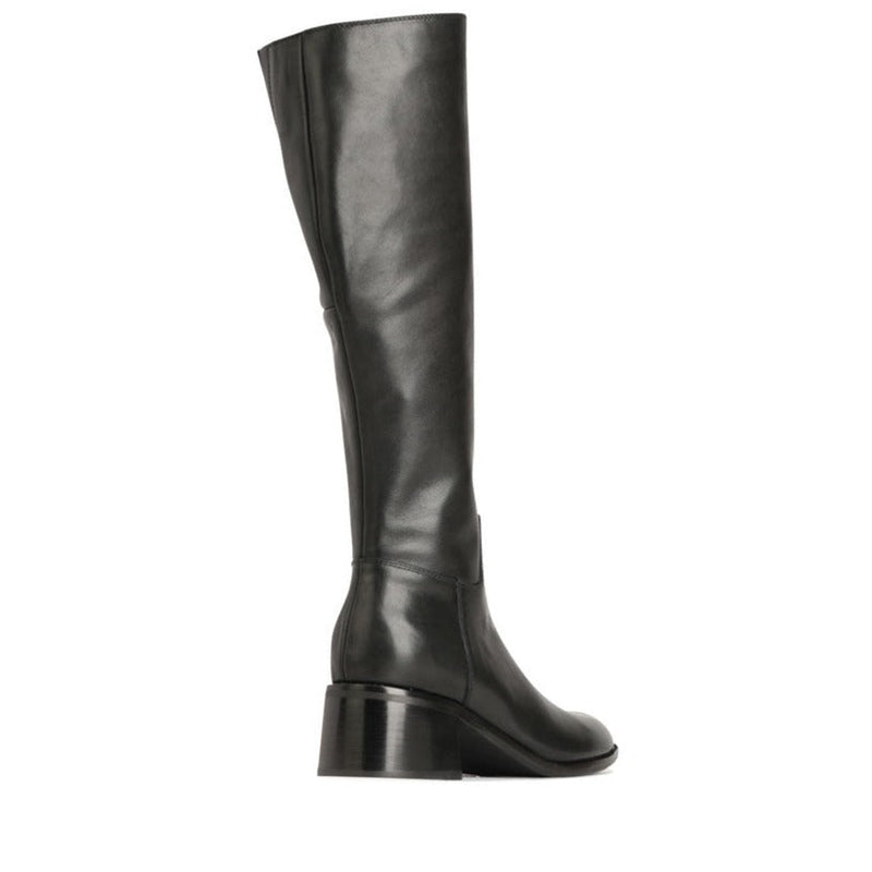 EOS Wyoming black high boots shown from back angle, featuring sleek design and knee-high length in smooth black leather.